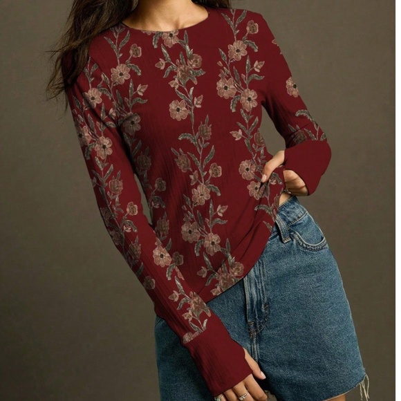 Boho Floral Print Crew Neck Long Sleeve Thumbhole Top - Picture 3 of 4